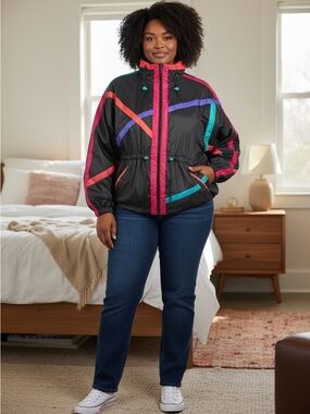 VTG Plus-Size Colorblock Ski Jacket - Black with Pink, Teal & Purple Accents